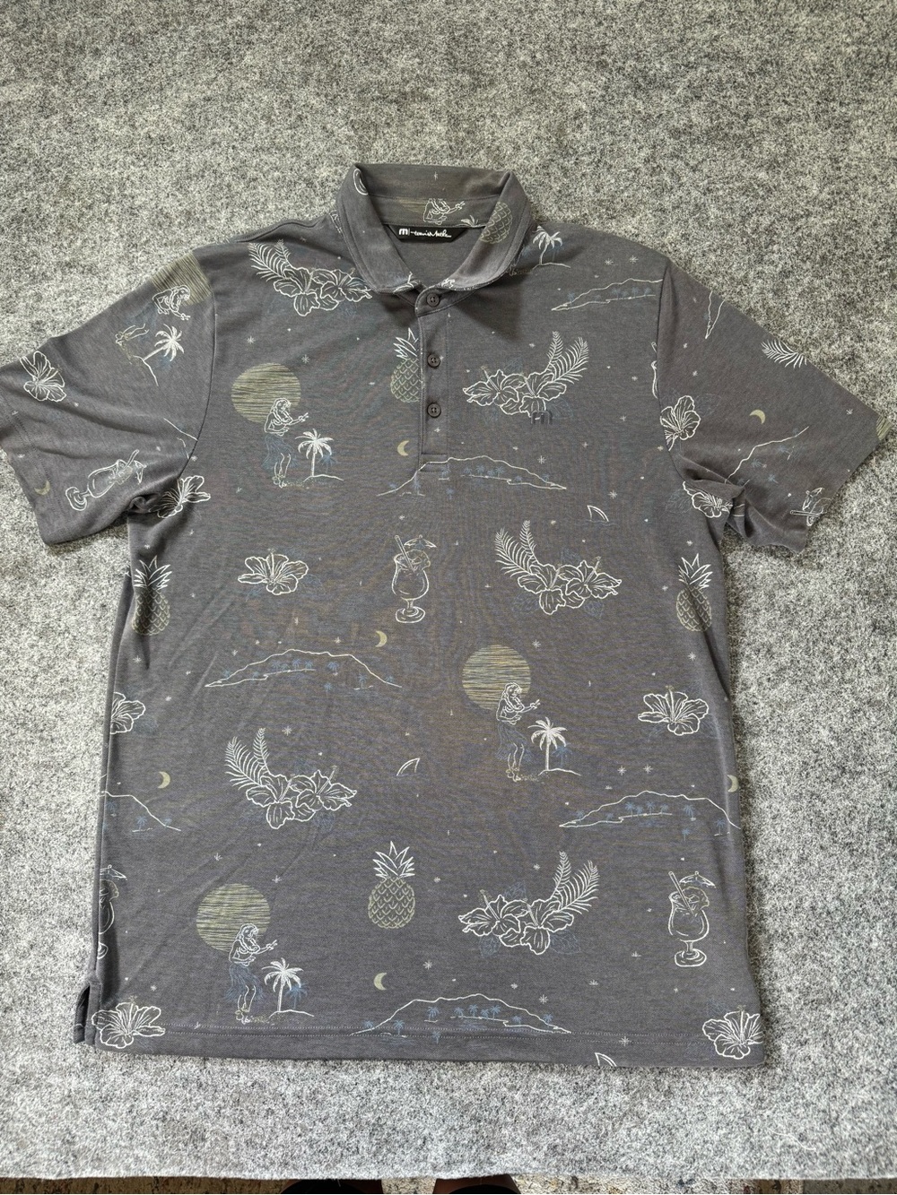 Travis Mathew Polo Shirt Mens‎ Large Gray Hawaiian Pineapple Tropical Golf